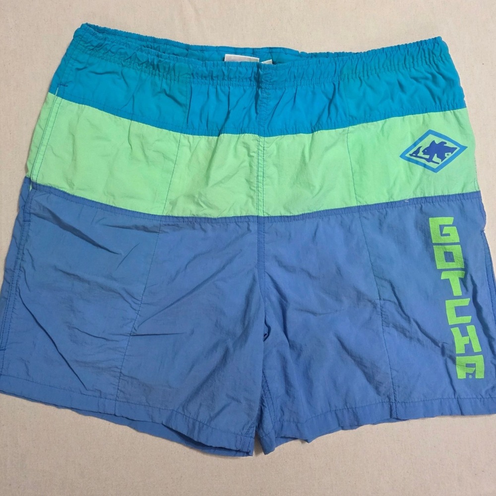 Gotcha Swim Trunks Men 34 Blue Green Vintage Colorblock Board Shorts Surf 90s